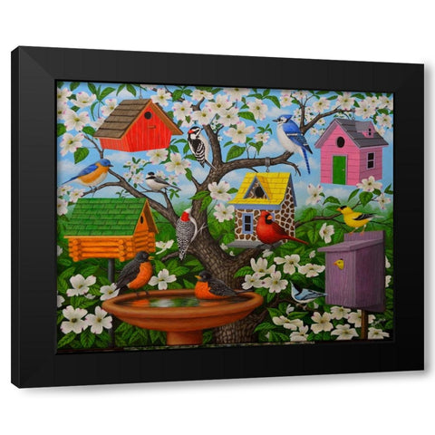 Birds and Birdhouses Black Modern Wood Framed Art Print by Wavra, Robert