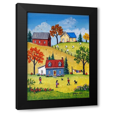 Country Kids and Pumpkins Black Modern Wood Framed Art Print with Double Matting by Mark, Sharon