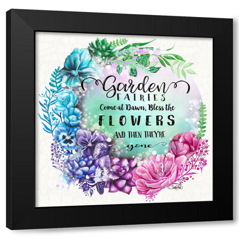 Garden Fairires Come at Dawn Wreath (with text) - Garden Whimzies Black Modern Wood Framed Art Print with Double Matting by Sheena Pike Art