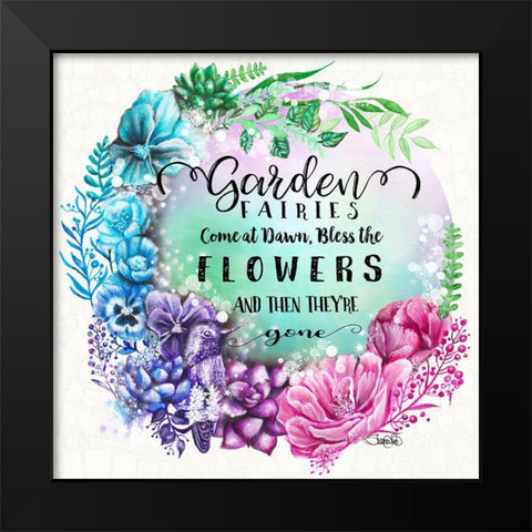 Garden Fairires Come at Dawn Wreath (with text) - Garden Whimzies Black Modern Wood Framed Art Print by Sheena Pike Art