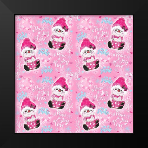 Pink Snowman Pattern Black Modern Wood Framed Art Print by Sheena Pike Art