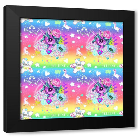 Unicorn Rainbow Ombre Pattern Black Modern Wood Framed Art Print by Sheena Pike Art
