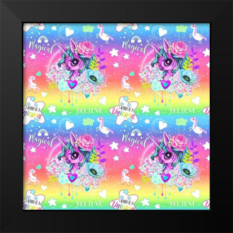 Unicorn Rainbow Ombre Pattern Black Modern Wood Framed Art Print by Sheena Pike Art
