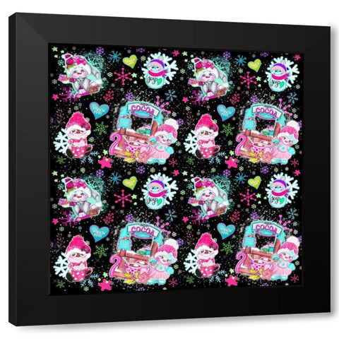 Colorful Snowman Pattern Black Modern Wood Framed Art Print by Sheena Pike Art
