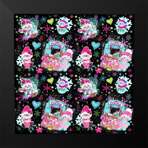 Colorful Snowman Pattern Black Modern Wood Framed Art Print by Sheena Pike Art