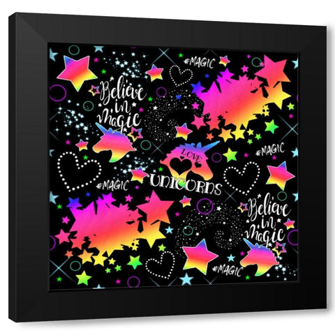 Neon Unicorn Pattern Black Modern Wood Framed Art Print by Sheena Pike Art