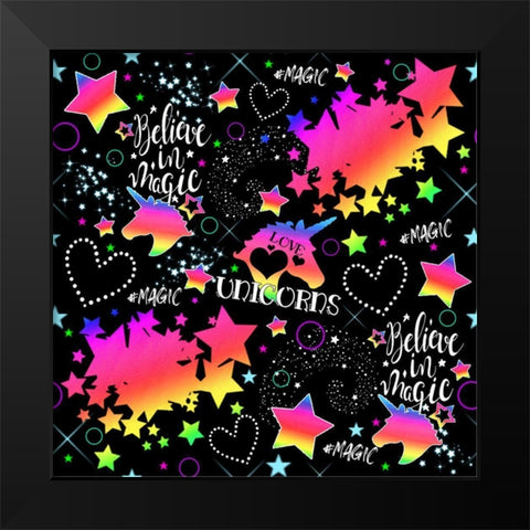 Neon Unicorn Pattern Black Modern Wood Framed Art Print by Sheena Pike Art