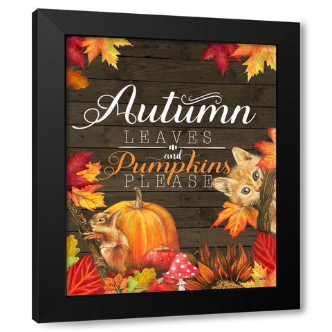 Autumn Leaves and Pumpkins Please Kitty Black Modern Wood Framed Art Print with Double Matting by Sheena Pike Art