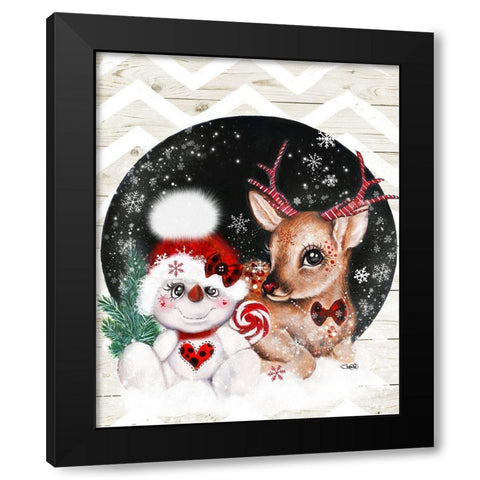 Rudolph and his Snowman Pal Black Modern Wood Framed Art Print with Double Matting by Sheena Pike Art