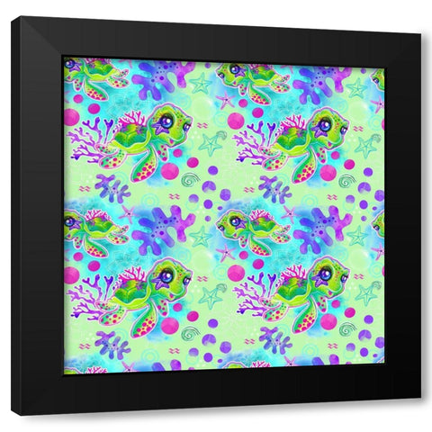 Neon Turtle Pattern Black Modern Wood Framed Art Print by Sheena Pike Art