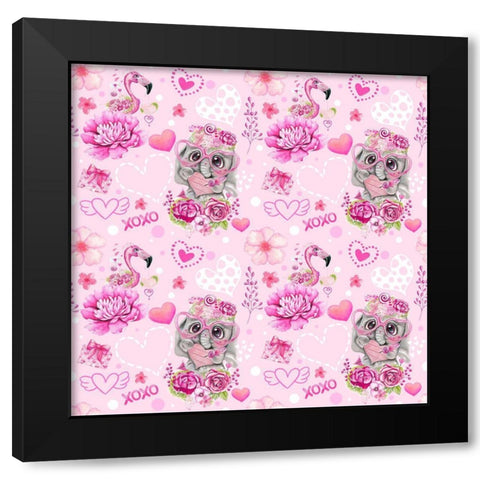 Pink Valentine Elephant And Flamingo Pattern Black Modern Wood Framed Art Print by Sheena Pike Art