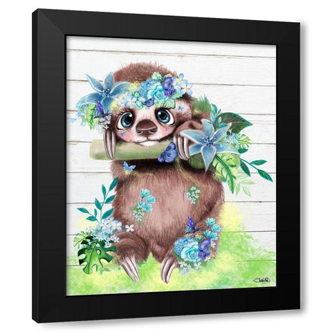 Just Hanging Out Butterfly Sloth Black Modern Wood Framed Art Print by Sheena Pike Art