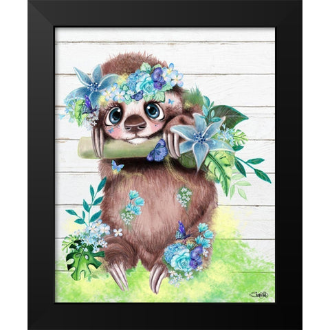 Just Hanging Out Butterfly Sloth Black Modern Wood Framed Art Print by Sheena Pike Art