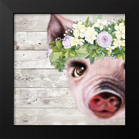 Peek a Boo Sweet Piglet Black Modern Wood Framed Art Print by Sheena Pike Art