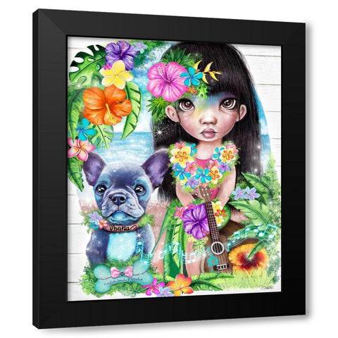 A Hawaiin Girl and her Dog Black Modern Wood Framed Art Print with Double Matting by Sheena Pike Art