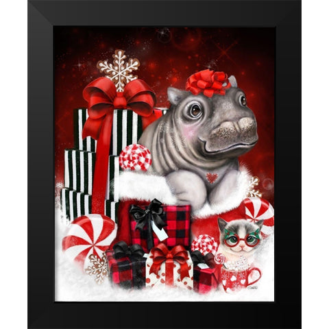 Cutesie Hippo Christmas Surprise Black Modern Wood Framed Art Print by Sheena Pike Art
