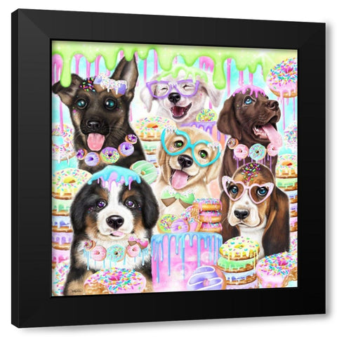 Doggies n Donuts Black Modern Wood Framed Art Print by Sheena Pike Art