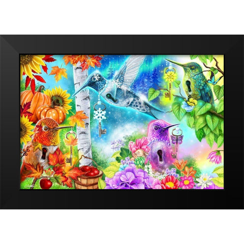 Changing Seasons Humming Birds Black Modern Wood Framed Art Print by Sheena Pike Art