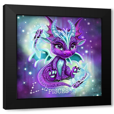 Zodiac Lil Dragonz Pisces Black Modern Wood Framed Art Print by Sheena Pike Art