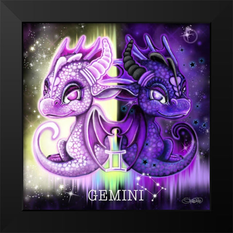 Zodiac Lil Dragonz Gemini Black Modern Wood Framed Art Print by Sheena Pike Art
