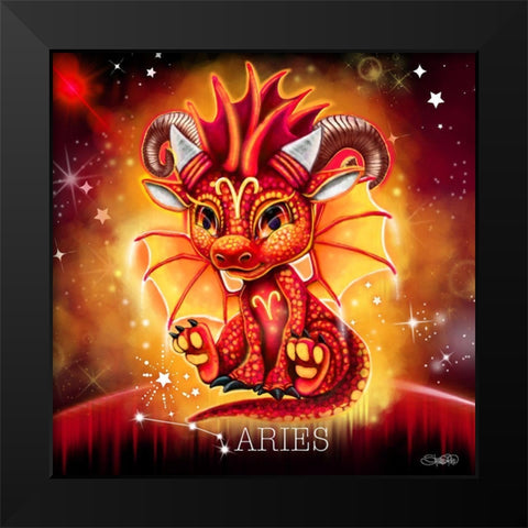 Zodiac Lil Dragonz Aries Black Modern Wood Framed Art Print by Sheena Pike Art