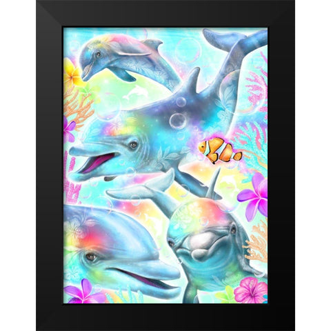 Daydream Rainbow Dolphins Black Modern Wood Framed Art Print by Sheena Pike Art