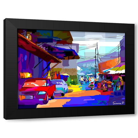 Evening In The Village Black Modern Wood Framed Art Print with Double Matting by Pansanit, Surapol