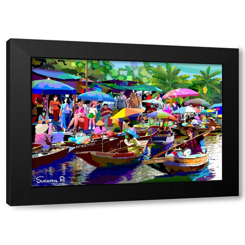 Tour The Floating Market No1 Black Modern Wood Framed Art Print with Double Matting by Pansanit, Surapol