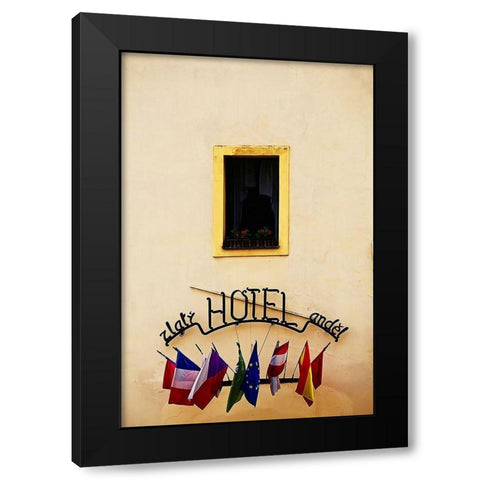 Hotel Window with Flags Black Modern Wood Framed Art Print by Susan Vizvary Photography