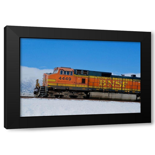Orange Train in Snow Black Modern Wood Framed Art Print by Susan Vizvary Photography