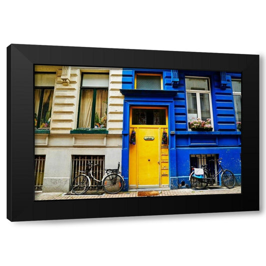 Yellow Door with Bikes Black Modern Wood Framed Art Print by Susan Vizvary Photography