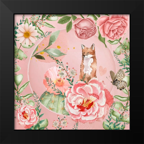 Flower Fox Black Modern Wood Framed Art Print by The Font Diva