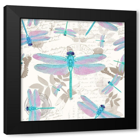 Vintage Botanicals Dragonfly Pattern Aqua Black Modern Wood Framed Art Print by Lavoie, Tina