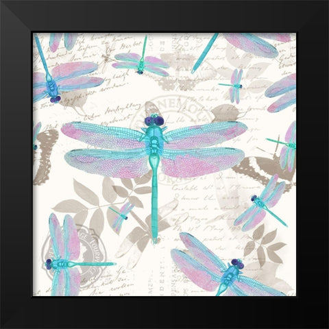 Vintage Botanicals Dragonfly Pattern Aqua Black Modern Wood Framed Art Print by Lavoie, Tina