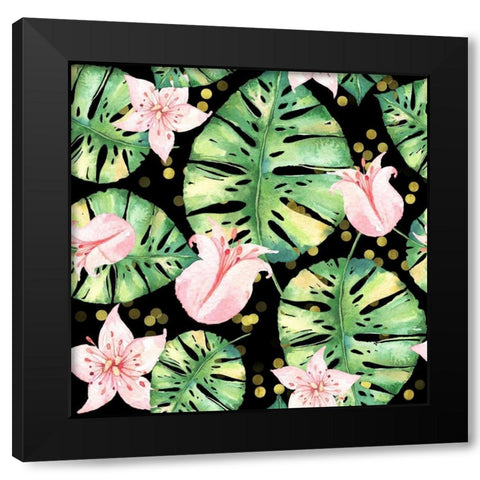 Tropical Monstera Floral Pattern Black Modern Wood Framed Art Print with Double Matting by Lavoie, Tina