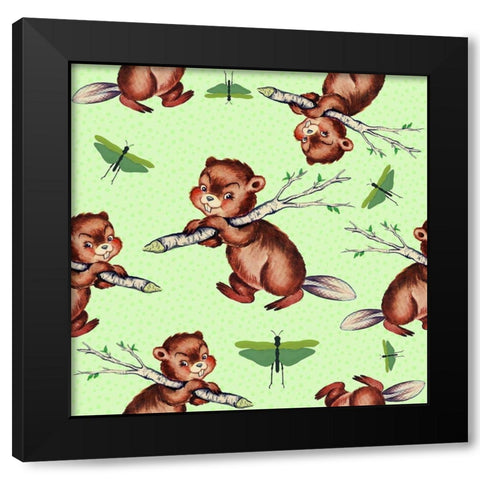 Cute Baby Beaver Pattern Black Modern Wood Framed Art Print with Double Matting by Lavoie, Tina