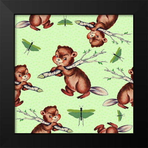 Cute Baby Beaver Pattern Black Modern Wood Framed Art Print by Lavoie, Tina