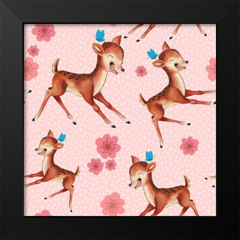 Cute Baby Deer Pattern Black Modern Wood Framed Art Print by Lavoie, Tina