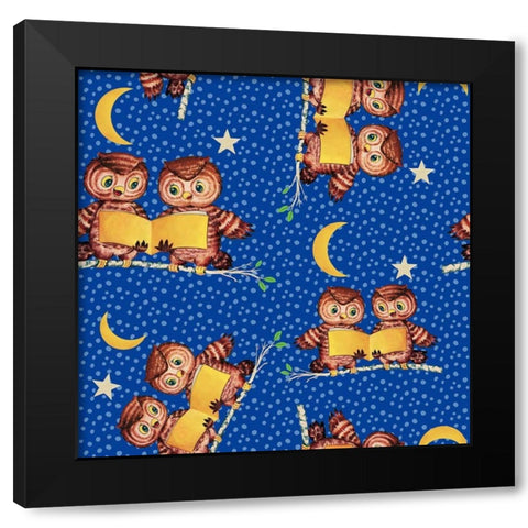 Cute Baby Owls Starry Night Pattern Black Modern Wood Framed Art Print by Lavoie, Tina