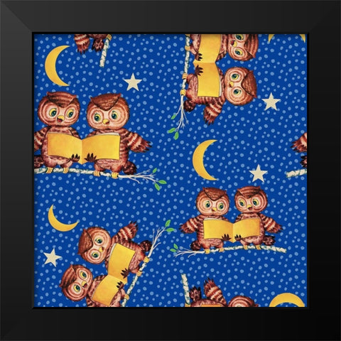 Cute Baby Owls Starry Night Pattern Black Modern Wood Framed Art Print by Lavoie, Tina