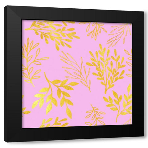Golden Leaves on Pink Pattern Black Modern Wood Framed Art Print by Lavoie, Tina