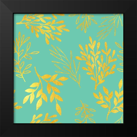 Golden Leaves Pattern Aquamarine Black Modern Wood Framed Art Print by Lavoie, Tina