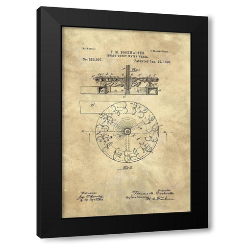 Hurdy-Gurdy Water Wheel blueprint - Industrial Farmhouse Black Modern Wood Framed Art Print with Double Matting by Lavoie, Tina