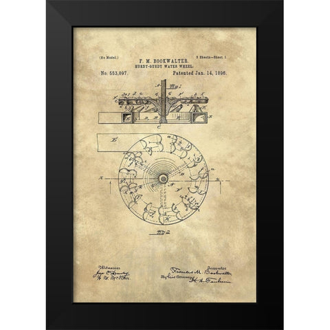 Hurdy-Gurdy Water Wheel blueprint - Industrial Farmhouse Black Modern Wood Framed Art Print by Lavoie, Tina