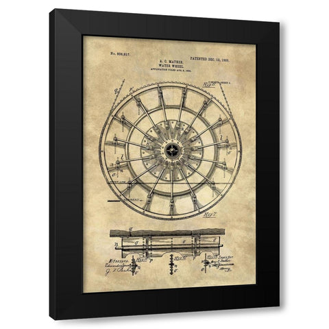 Water Wheel Blueprint Industrial Farmhouse Black Modern Wood Framed Art Print with Double Matting by Lavoie, Tina