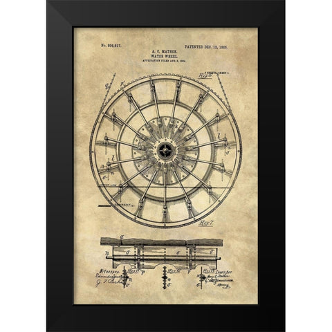 Water Wheel Blueprint Industrial Farmhouse Black Modern Wood Framed Art Print by Lavoie, Tina