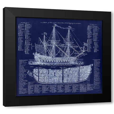 British War Ship Blueprint Black Modern Wood Framed Art Print with Double Matting by Lavoie, Tina