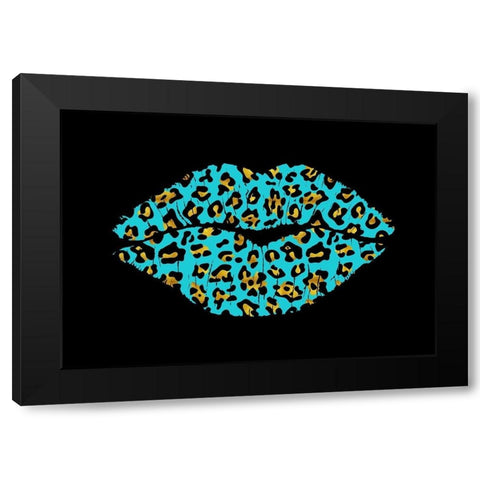 Aqua Leopard Lips Black Modern Wood Framed Art Print with Double Matting by Lavoie, Tina