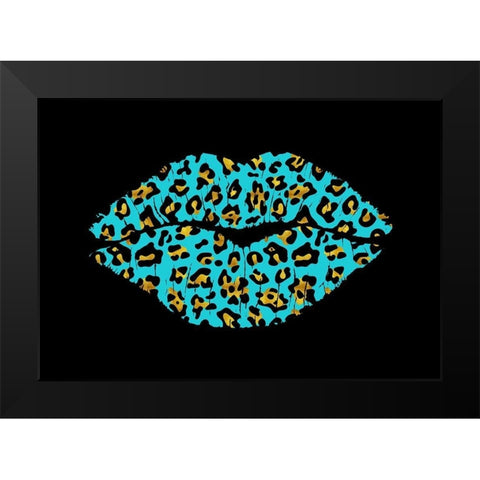 Aqua Leopard Lips Black Modern Wood Framed Art Print by Lavoie, Tina