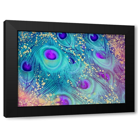 Aqua Rainbow Peacock Feathers Black Modern Wood Framed Art Print by Lavoie, Tina